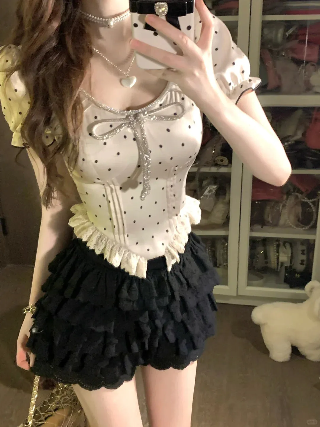Lazy Girl Satin Polka Dot Puff Sleeve Shirt Top