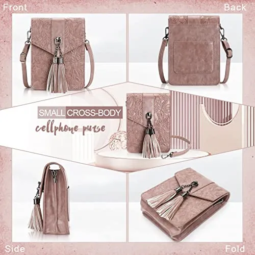 MEITRUE Women Phone Purse Bag Small Crossbody Bags Ladies Mini Cell phone Purse Wallet Tassels Embossed Bag for Girls (0-Dark-pink)