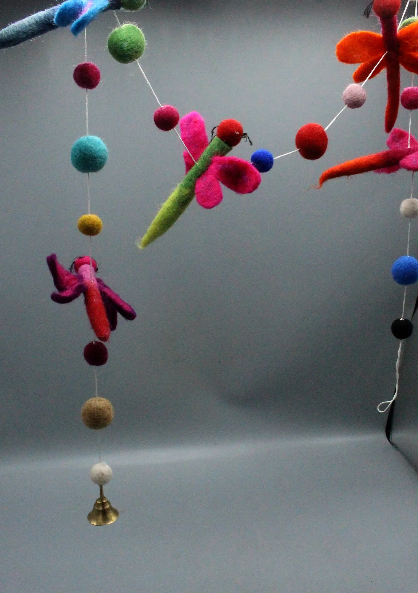 Multi Colored Felt Balls and Dragon Fly Wall Hanging Decor with Bell