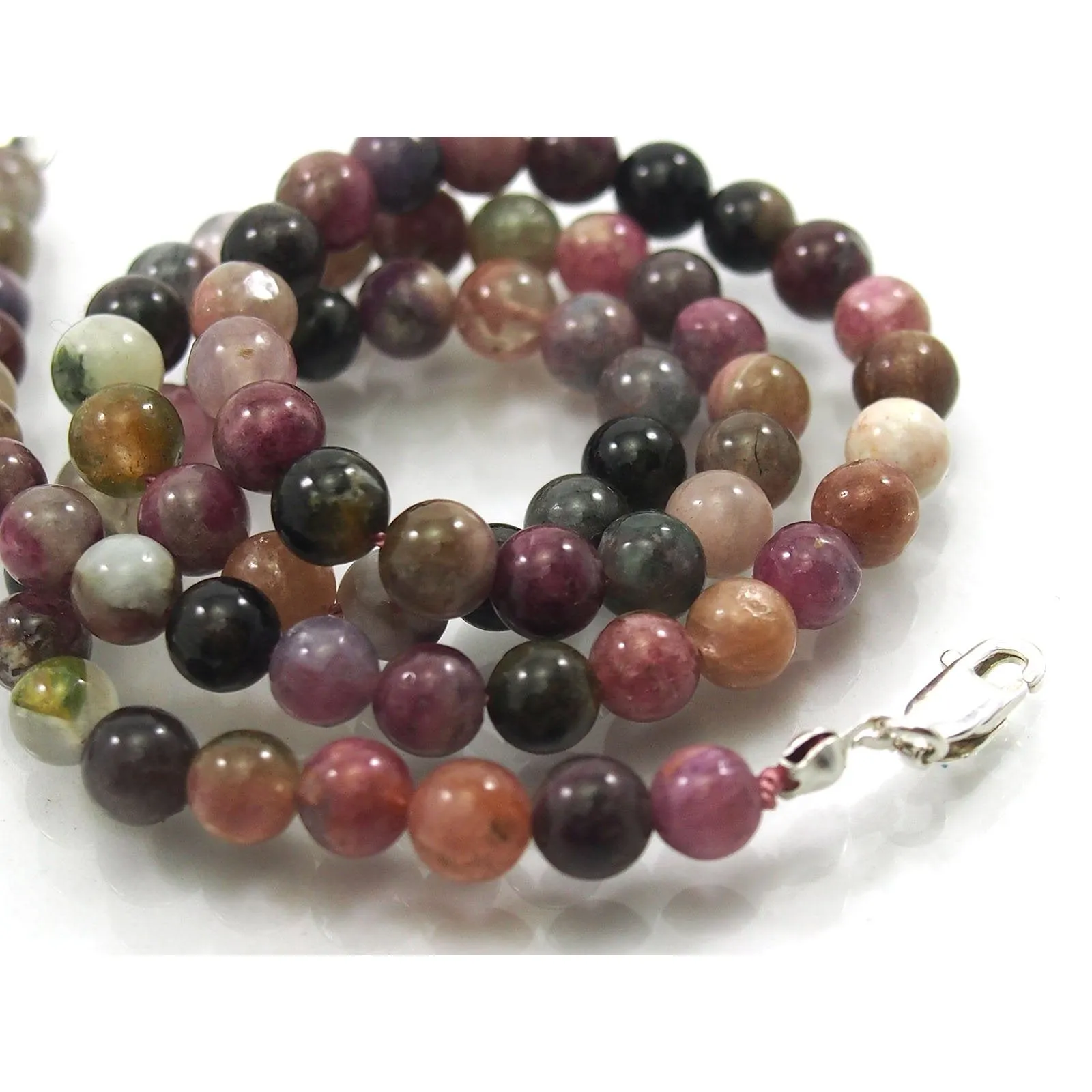 Multi Colored Tourmaline 6mm Smooth Round Necklace with Sterling Silver Trigger Clasp