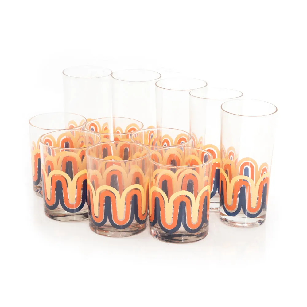 Orange 70's Waves Rocks & Highball Glass