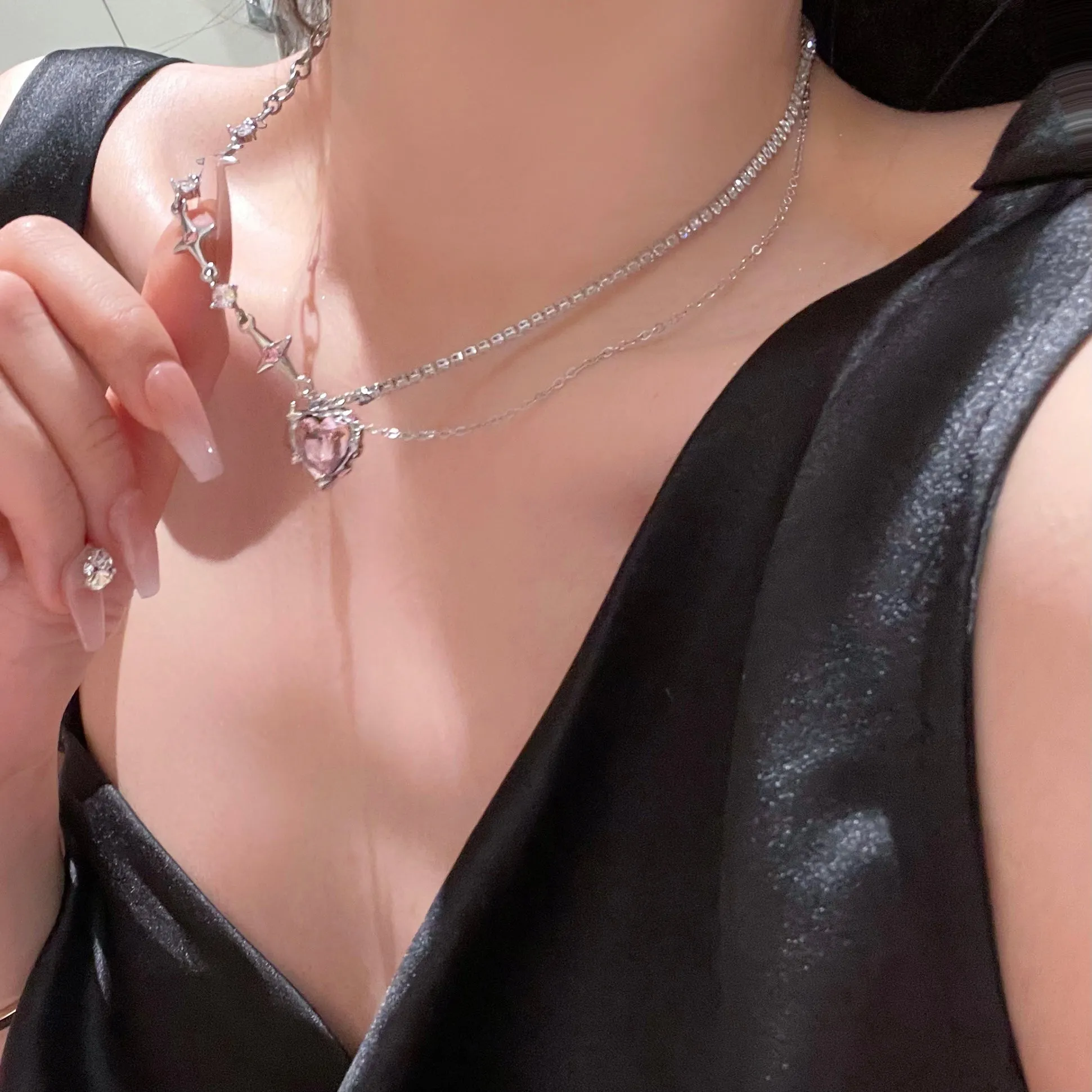 Pink Diamond Love Star Chain Silver Plated Necklace