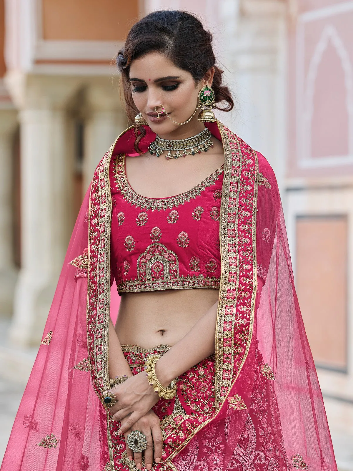Pink Stunning  Semi Stitched Lehenga With Unstitched Blouse