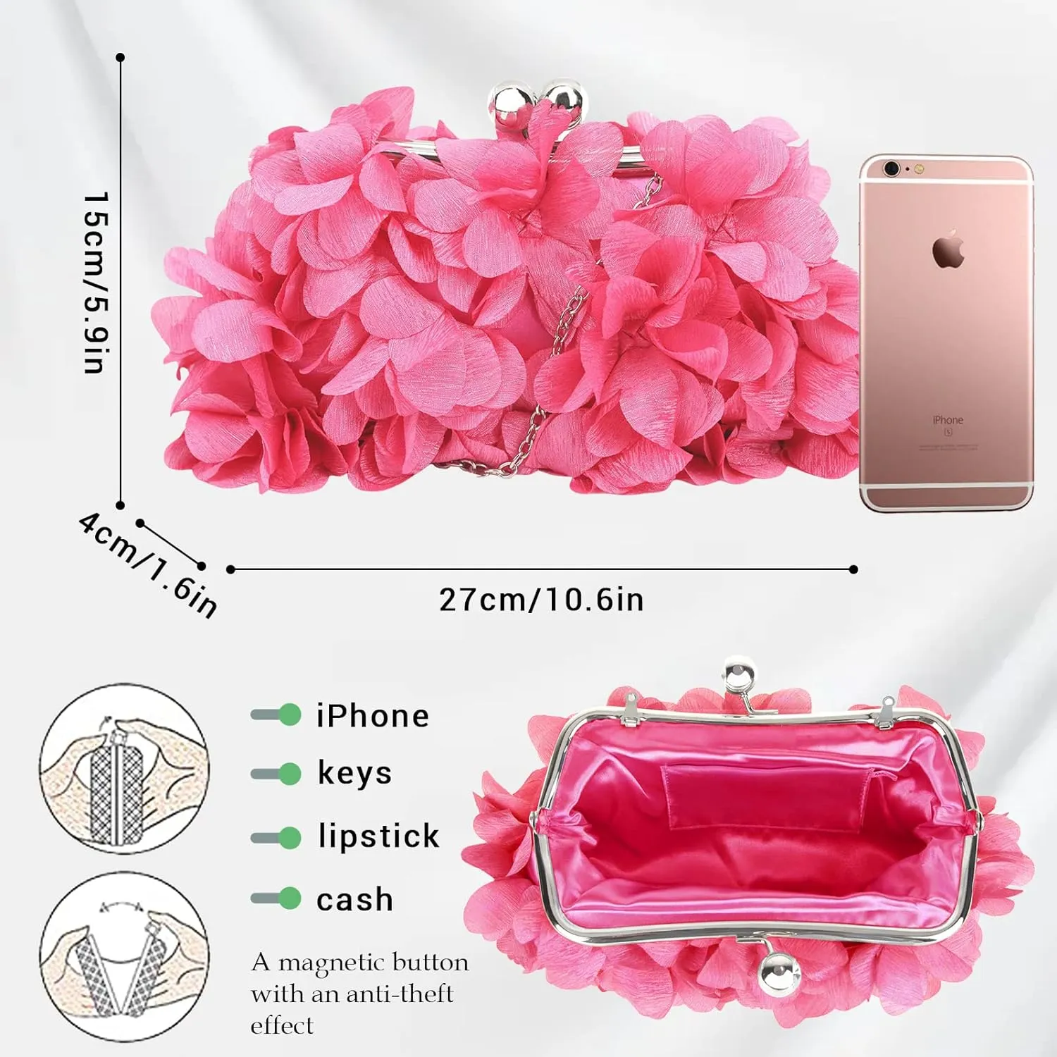 Pretty Floral Applique Pink Clutch Style Evening Bag