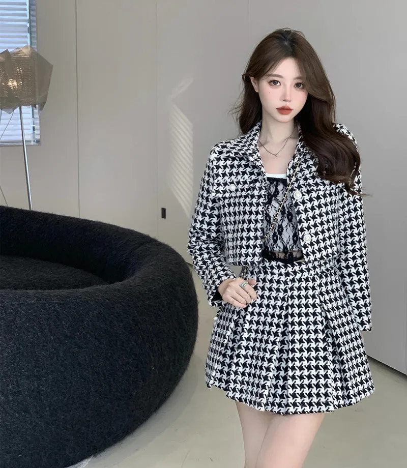 Retro Tweed Black & White Jacket & Skirt Two Piece Set