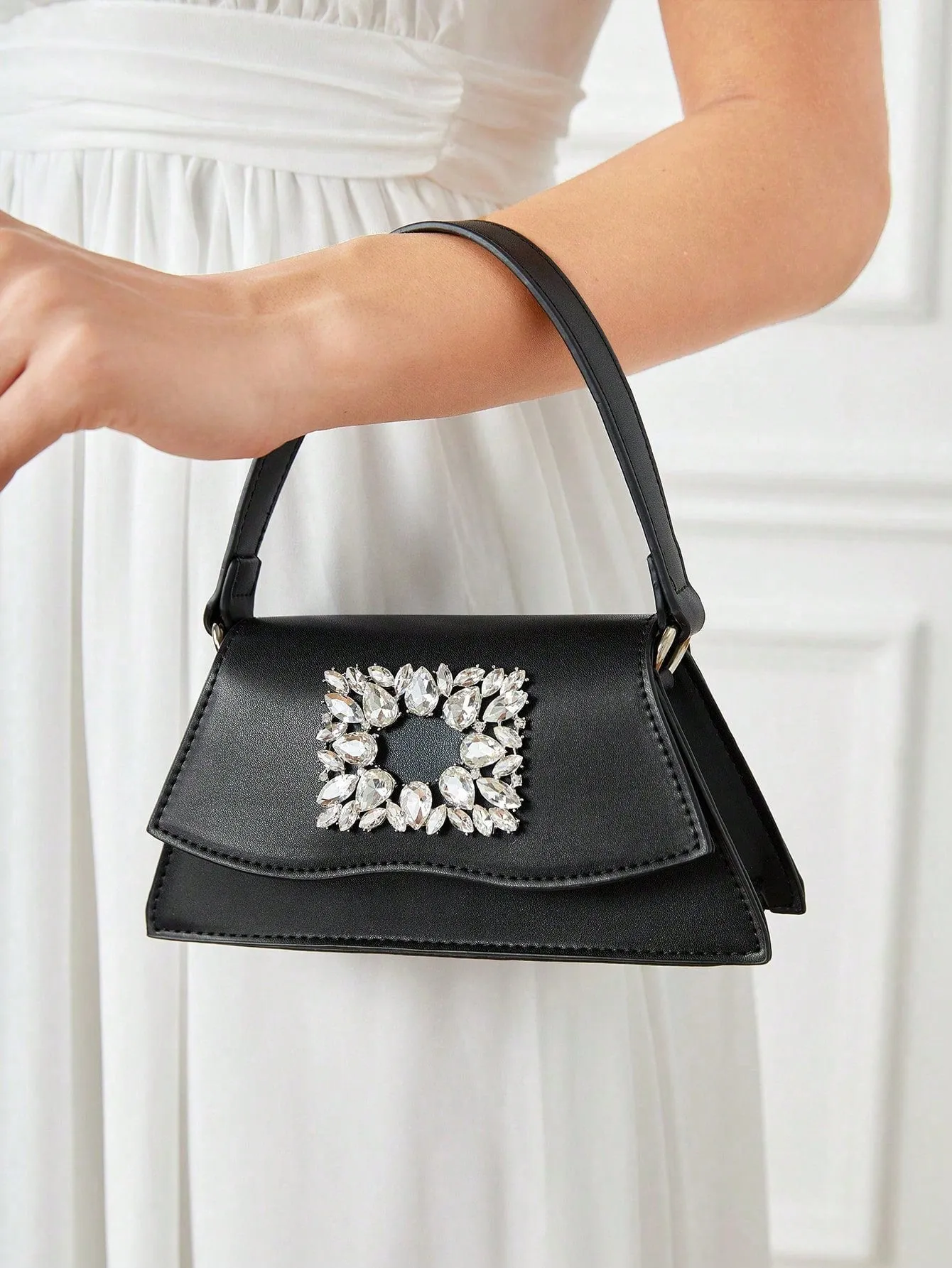 SHEIN Belle Luxury, Glamorous, Fashionable Black Rhinestone Decorated Flap Square Handbag For Women