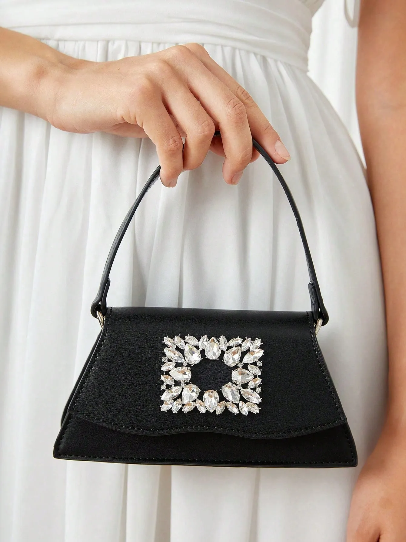 SHEIN Belle Luxury, Glamorous, Fashionable Black Rhinestone Decorated Flap Square Handbag For Women