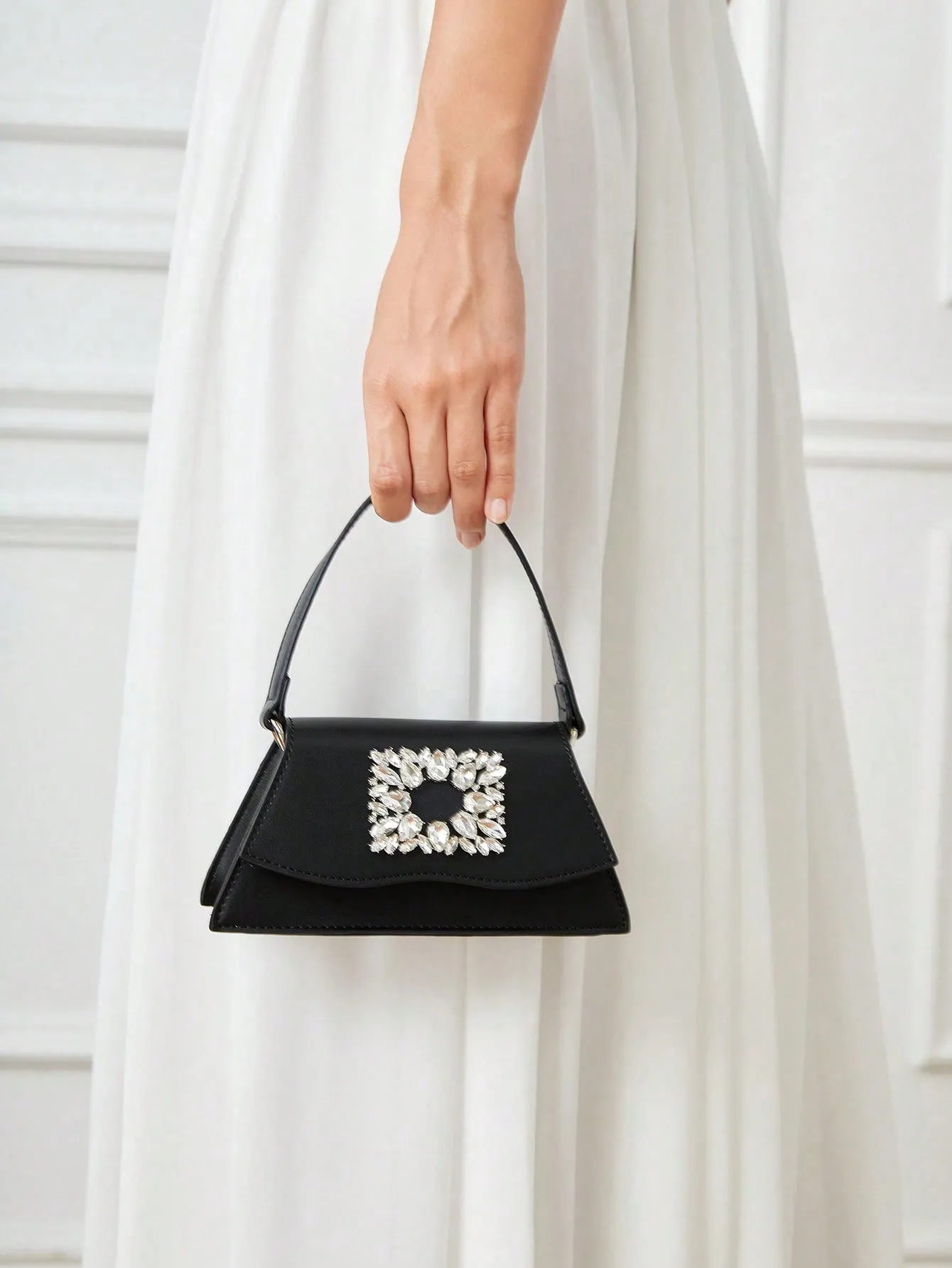 SHEIN Belle Luxury, Glamorous, Fashionable Black Rhinestone Decorated Flap Square Handbag For Women