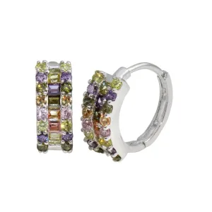 Silver 925 Rhodium Plated Multi-Colored CZ Stone huggiehoop Earrings