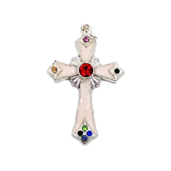 Silver-tone Pendant Cross with White Enamel and Multi-color Crystals
