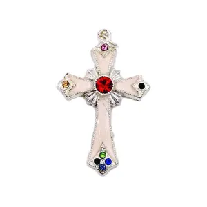 Silver-tone Pendant Cross with White Enamel and Multi-color Crystals