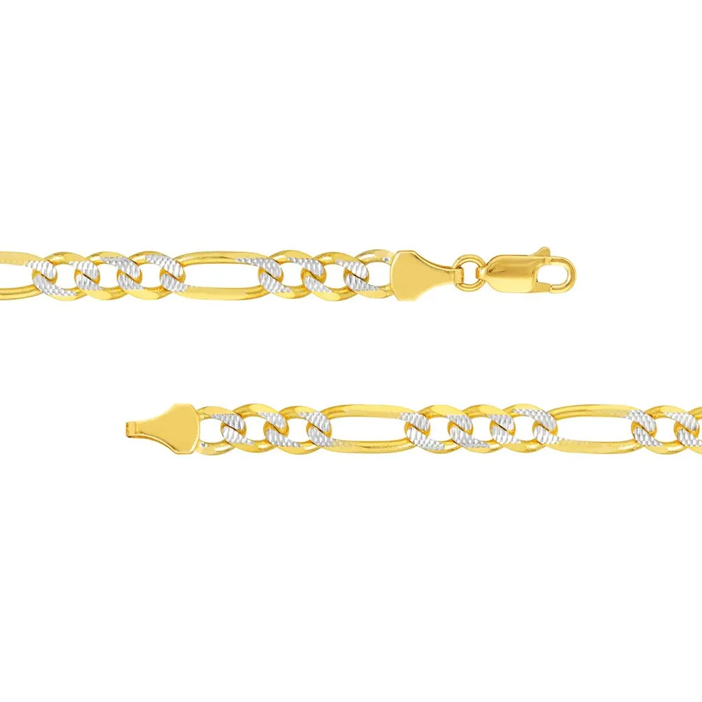 Solid 14k Yellow Gold 5mm Pave Two-Tone Figaro Link Chain Necklace with Lobster Claw Clasp