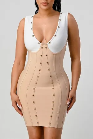 Stunning Beads Contrast Color Sexy Bandage Dress