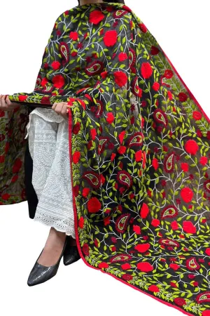 Stunning Black Phulkari Georgette Dupatta with Hand Embroidery