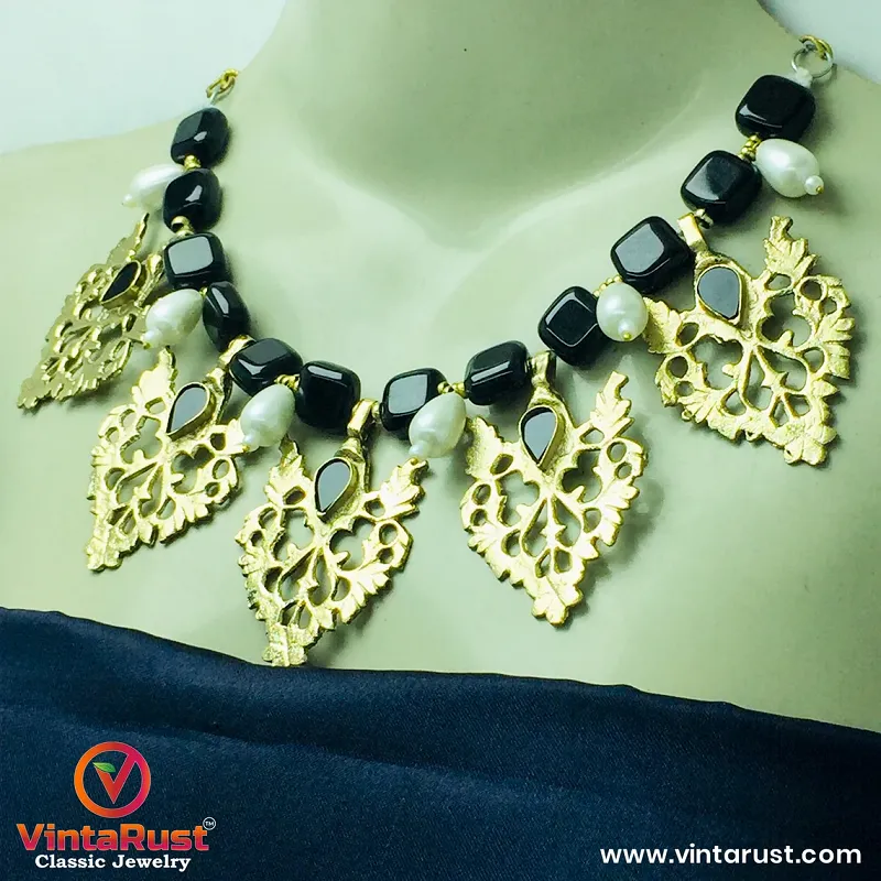 Stunning Black Stones and Motif Choker Necklace