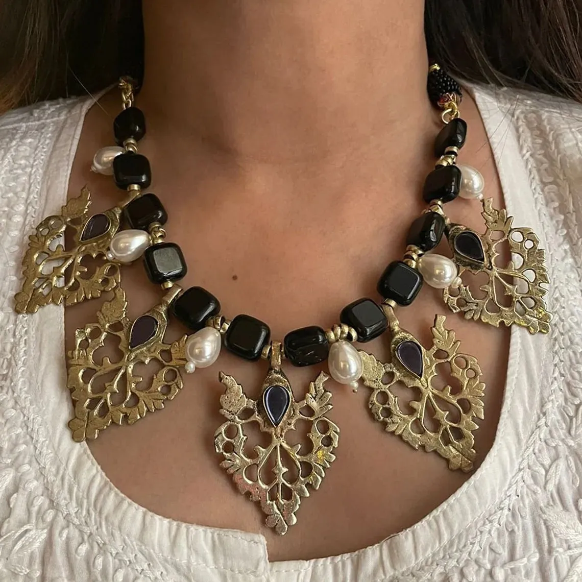 Stunning Black Stones and Motif Choker Necklace