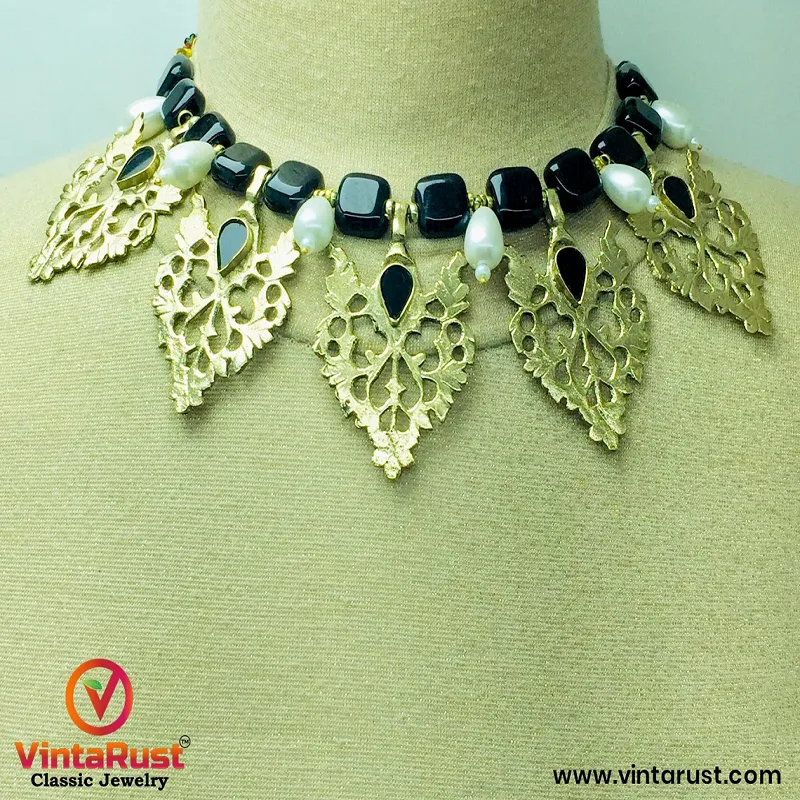 Stunning Black Stones and Motif Choker Necklace