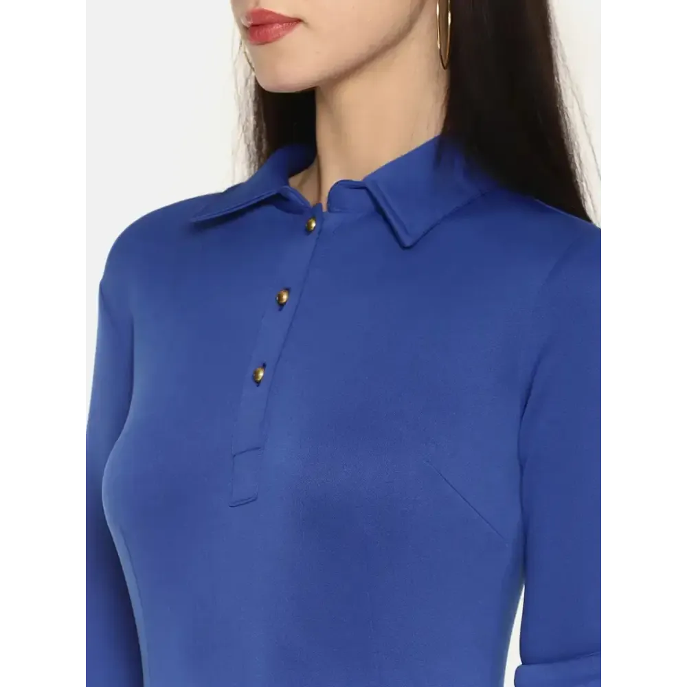Stunning Blue Polyester Self Design Zip Dress For Women