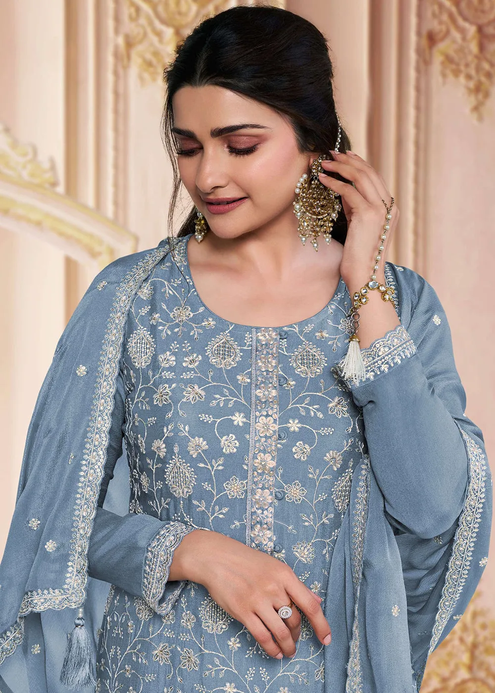 Stunning Bluish Grey Embroidered Festive Salwar Suit
