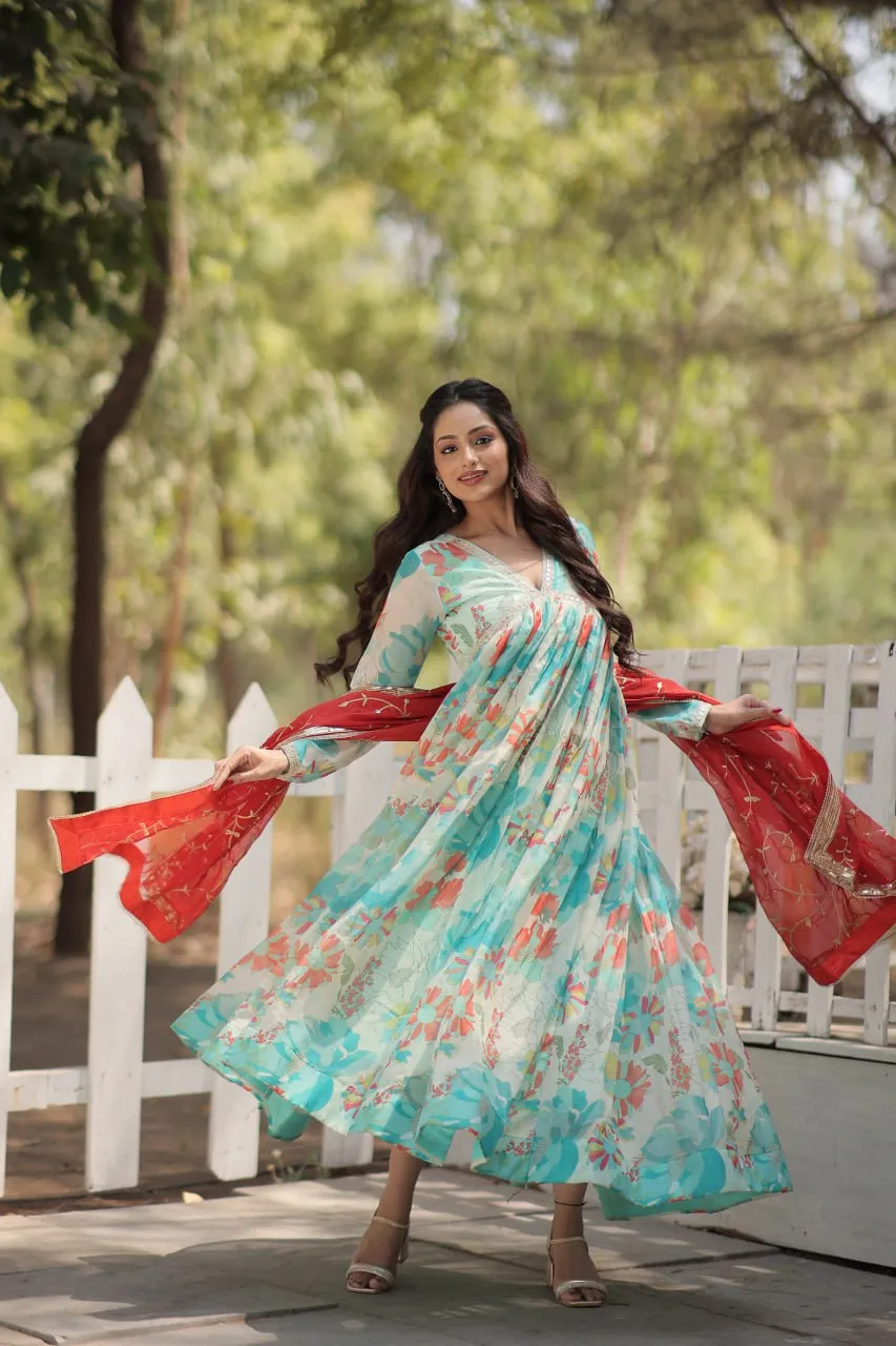 Stunning Digital Printed Russian Silk Sky Blue Dress with Embroidered Dupatta