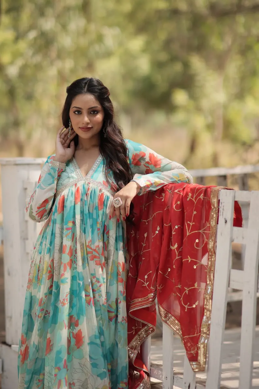 Stunning Digital Printed Russian Silk Sky Blue Dress with Embroidered Dupatta