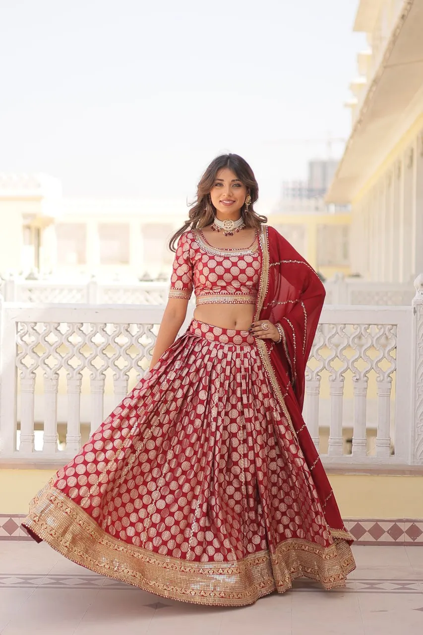 Stunning Dyeable Viscose Jacquard Red Lehenga Set with Embroidered Sequins