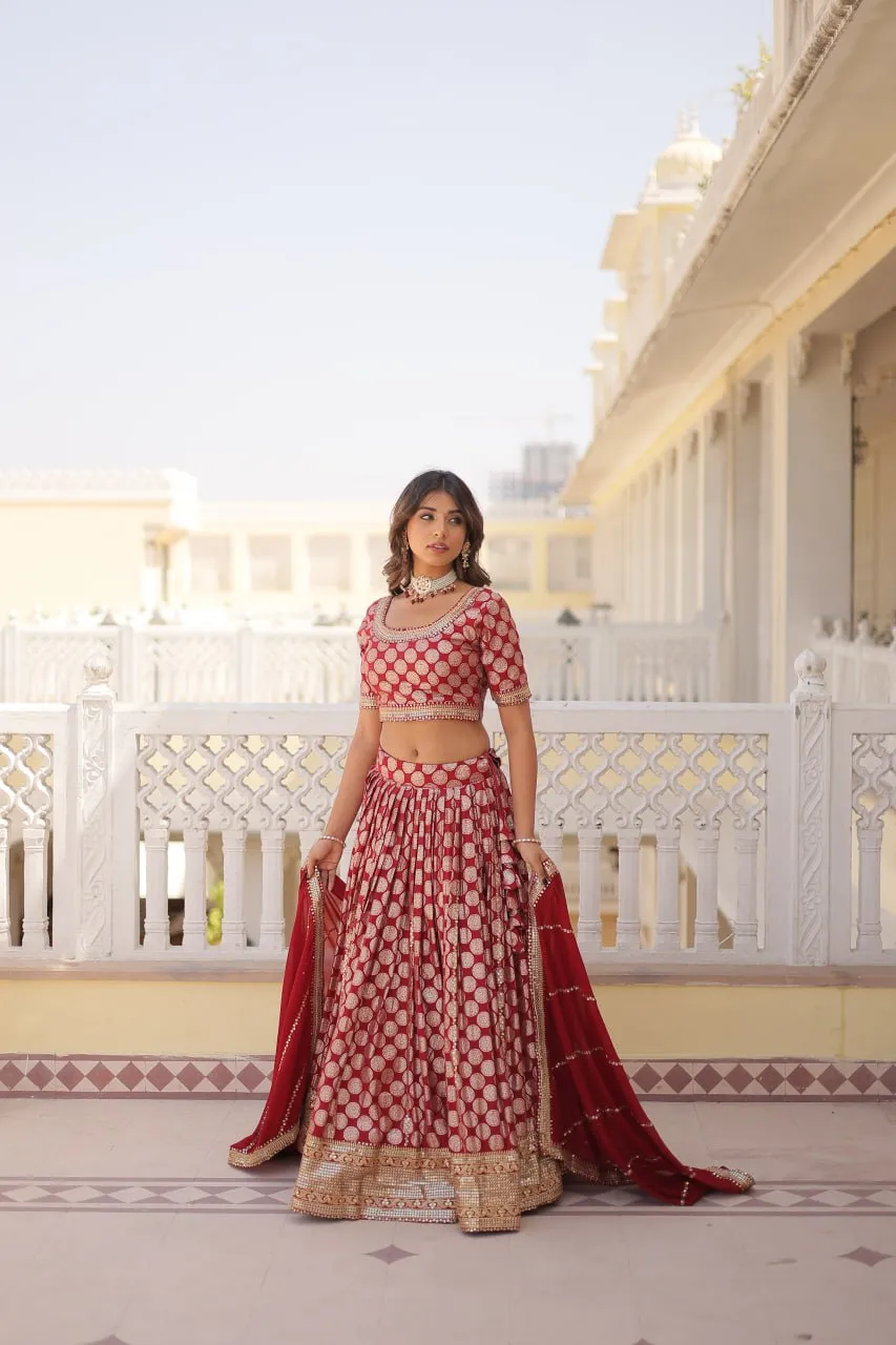 Stunning Dyeable Viscose Jacquard Red Lehenga Set with Embroidered Sequins