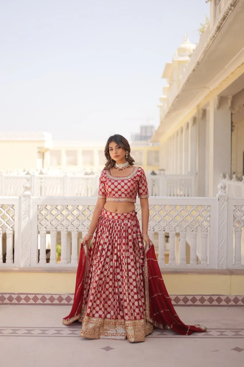 Stunning Dyeable Viscose Jacquard Red Lehenga Set with Embroidered Sequins