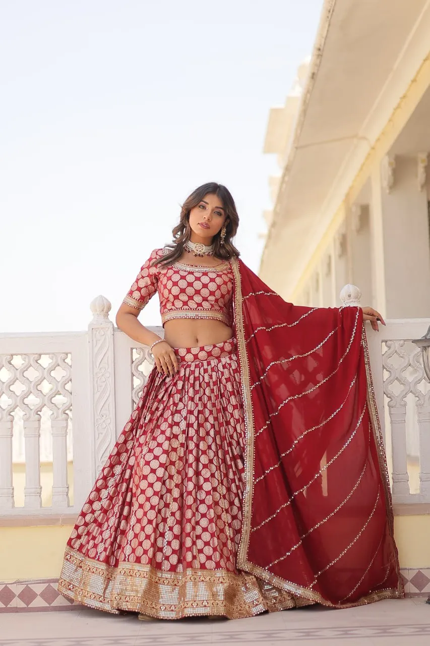 Stunning Dyeable Viscose Jacquard Red Lehenga Set with Embroidered Sequins