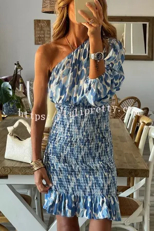 Stunning Gaze Printed Asymmetrical Off The Shoulder Smocked Mini Dress