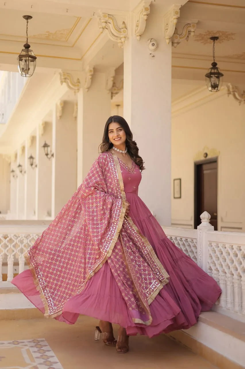 Stunning  Georgette Readymade Ruffled Gown with Dupatta