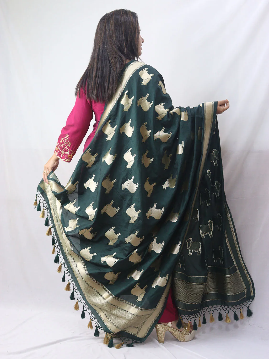 Stunning Green Banarasi Silk Cow Design Dupatta