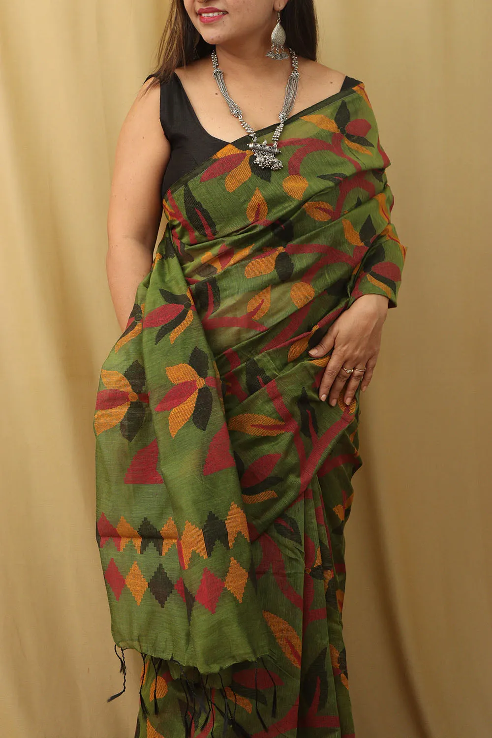 Stunning Green Jamdani Print Tussar Silk Saree