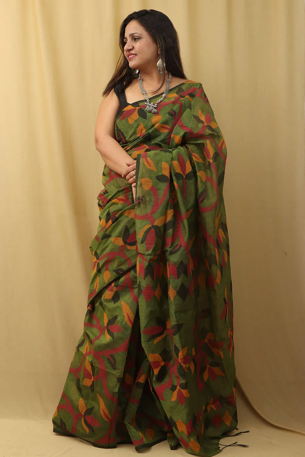 Stunning Green Jamdani Print Tussar Silk Saree
