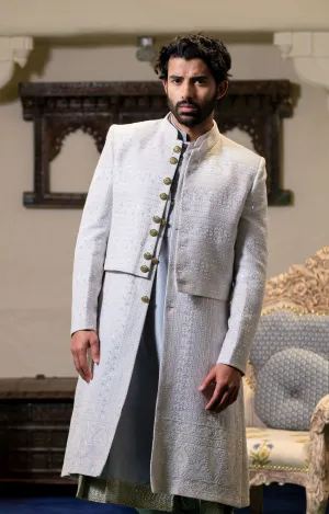 Stunning grey Lakhnavi Sherwani with crop jacket and pants