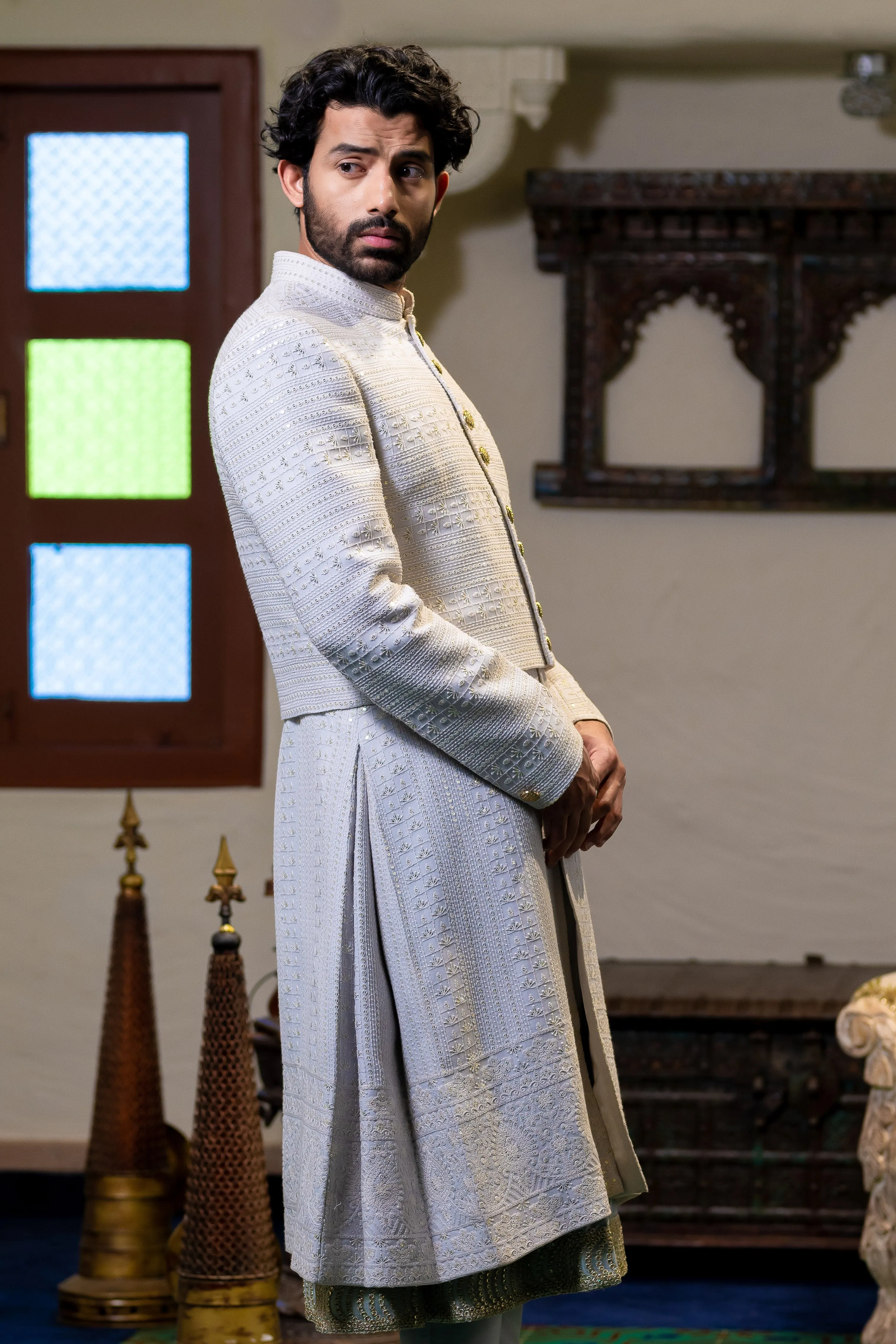 Stunning grey Lakhnavi Sherwani with crop jacket and pants