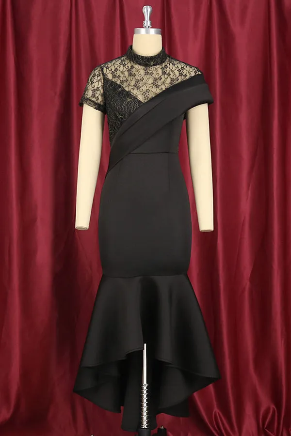 Stunning Lace Panel High Low Ruffle Hem Dress