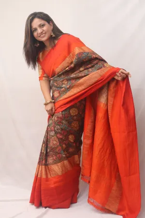 Stunning Multicolor Pen Kalamkari Pure Silk Saree