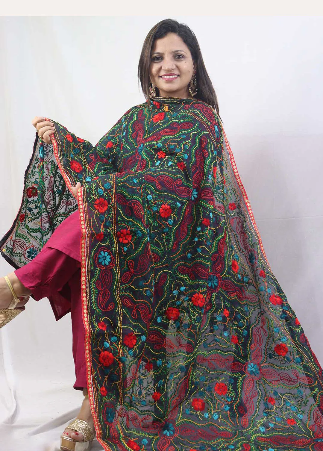 Stunning Multicolor Phulkari Chanderi Silk Dupatta with Intricate Embroidery