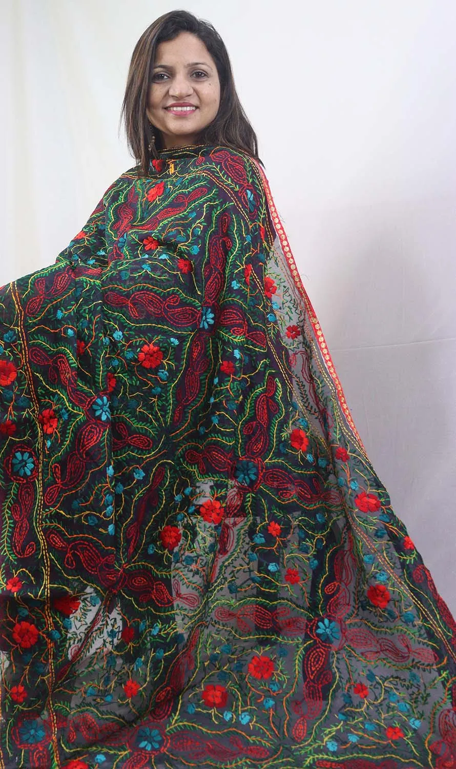 Stunning Multicolor Phulkari Chanderi Silk Dupatta with Intricate Embroidery