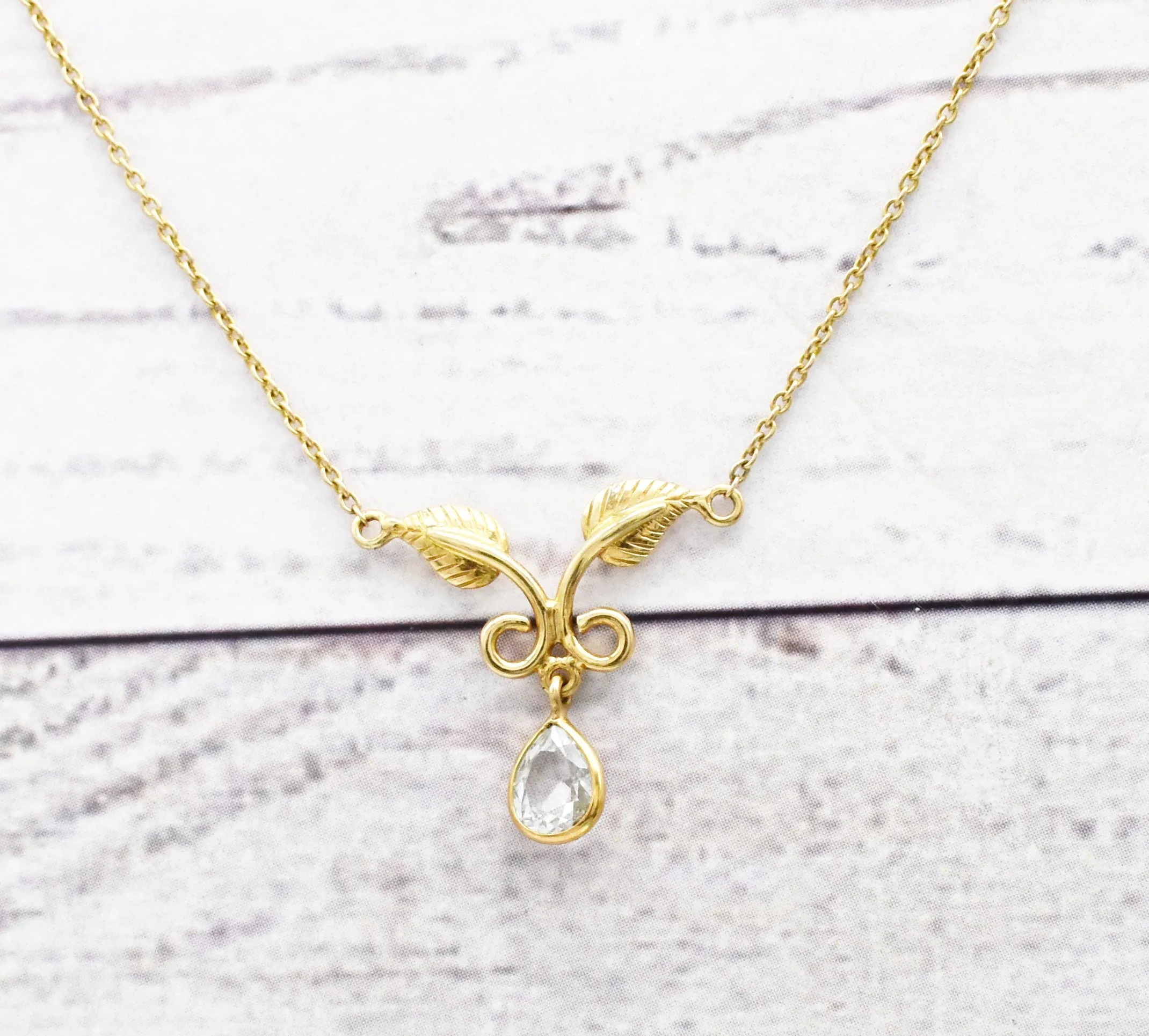 Stunning Natural White Sapphire Leaf Necklace