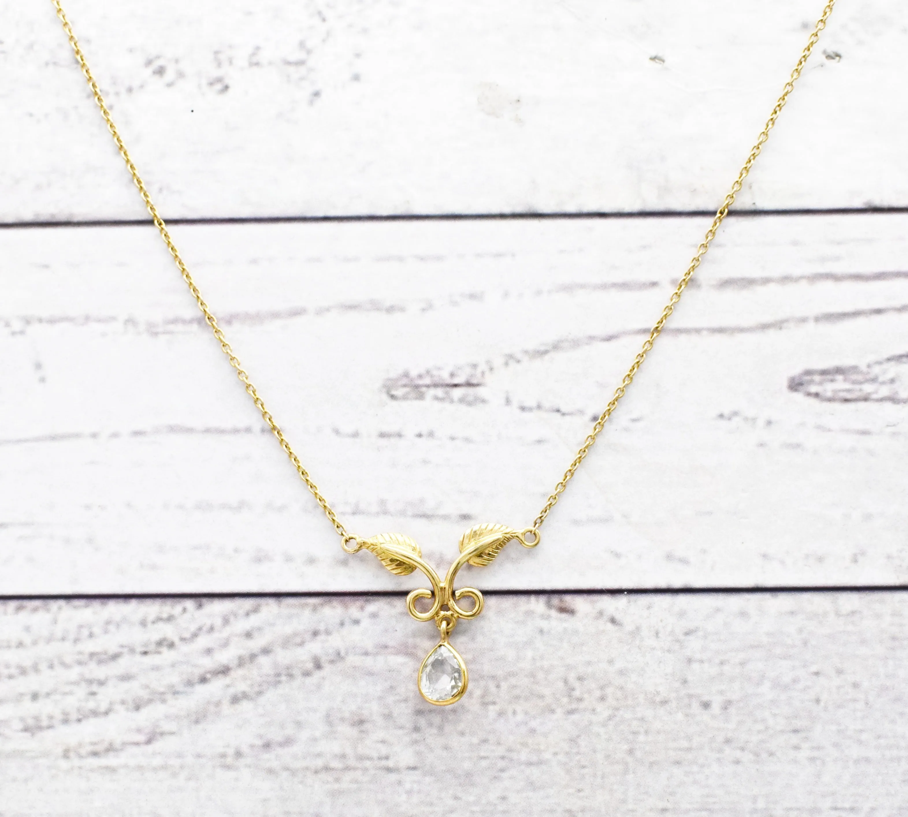 Stunning Natural White Sapphire Leaf Necklace