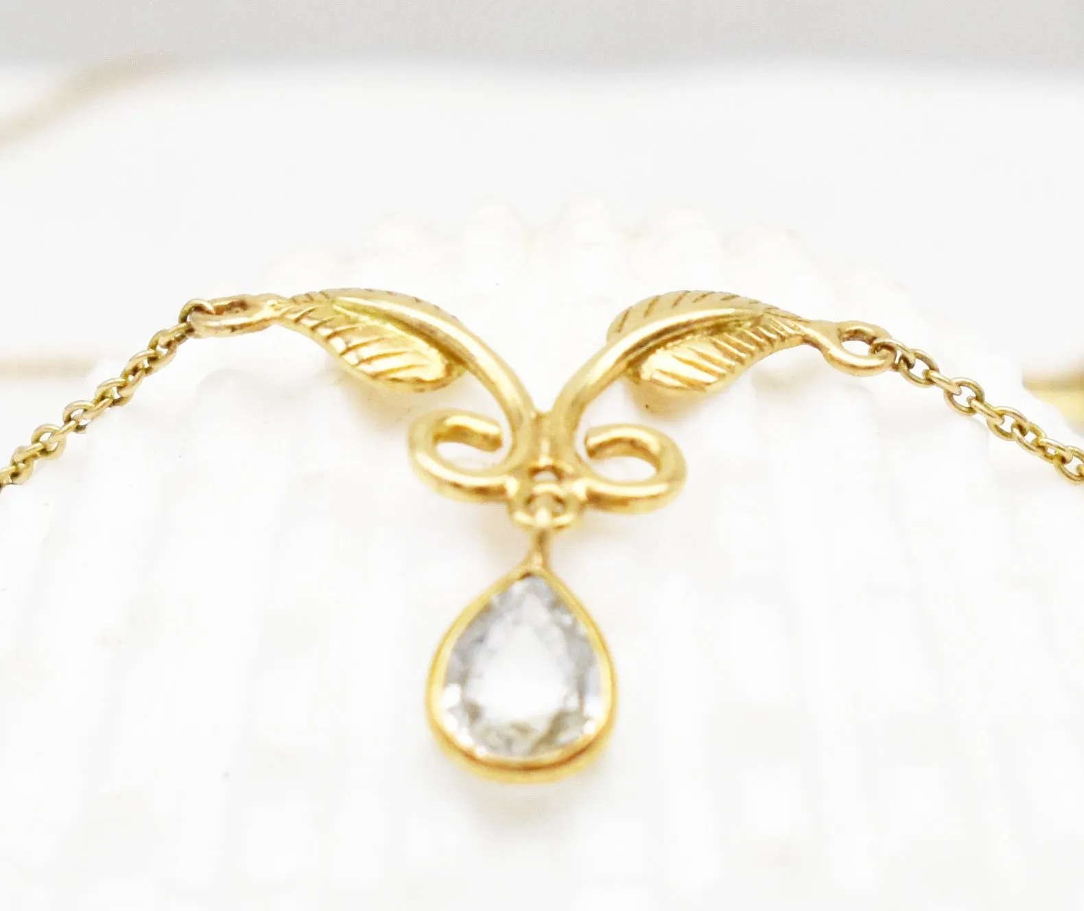 Stunning Natural White Sapphire Leaf Necklace