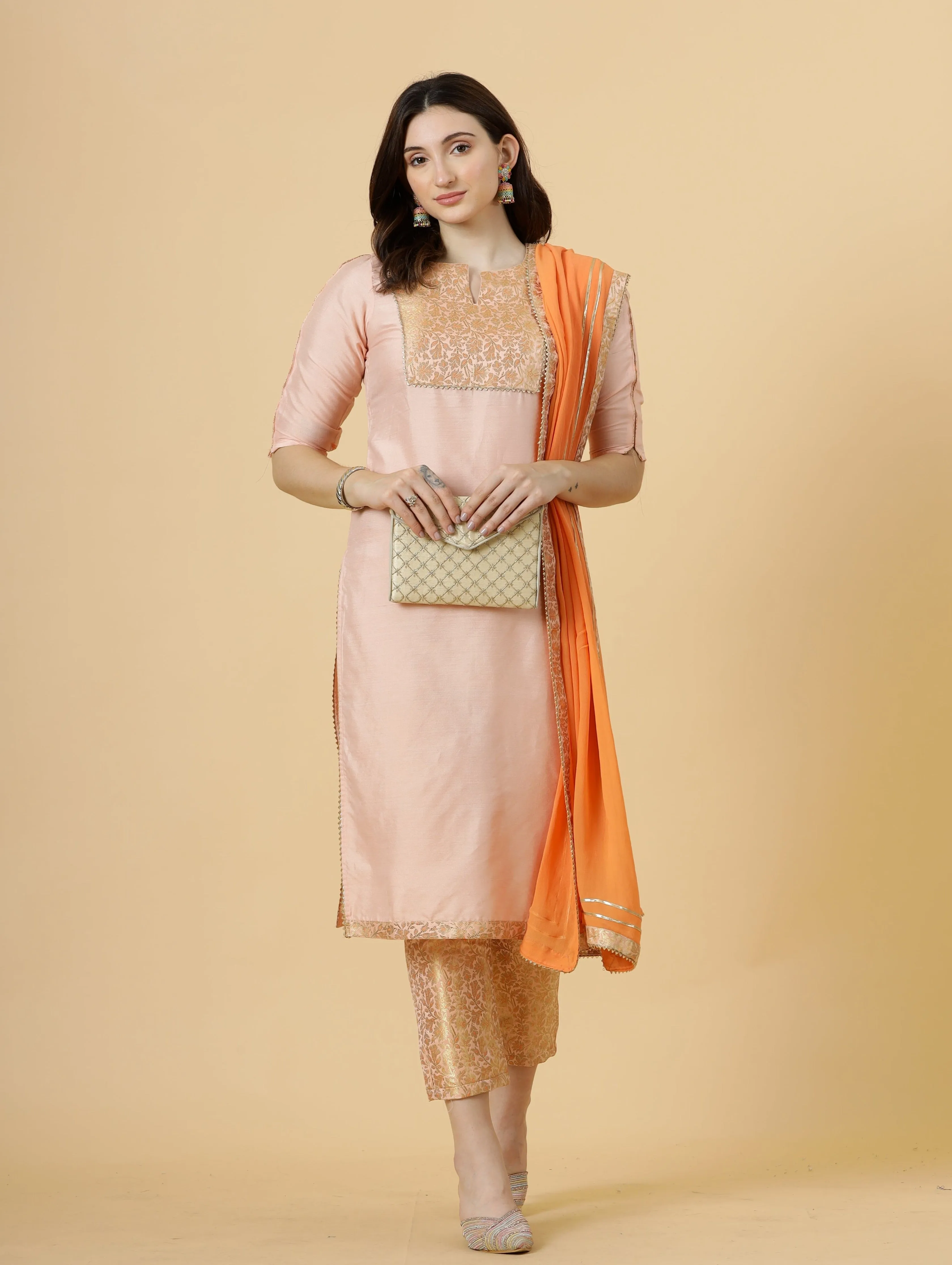 Stunning Peach Silk Straight Kurti with Brocade silk pants