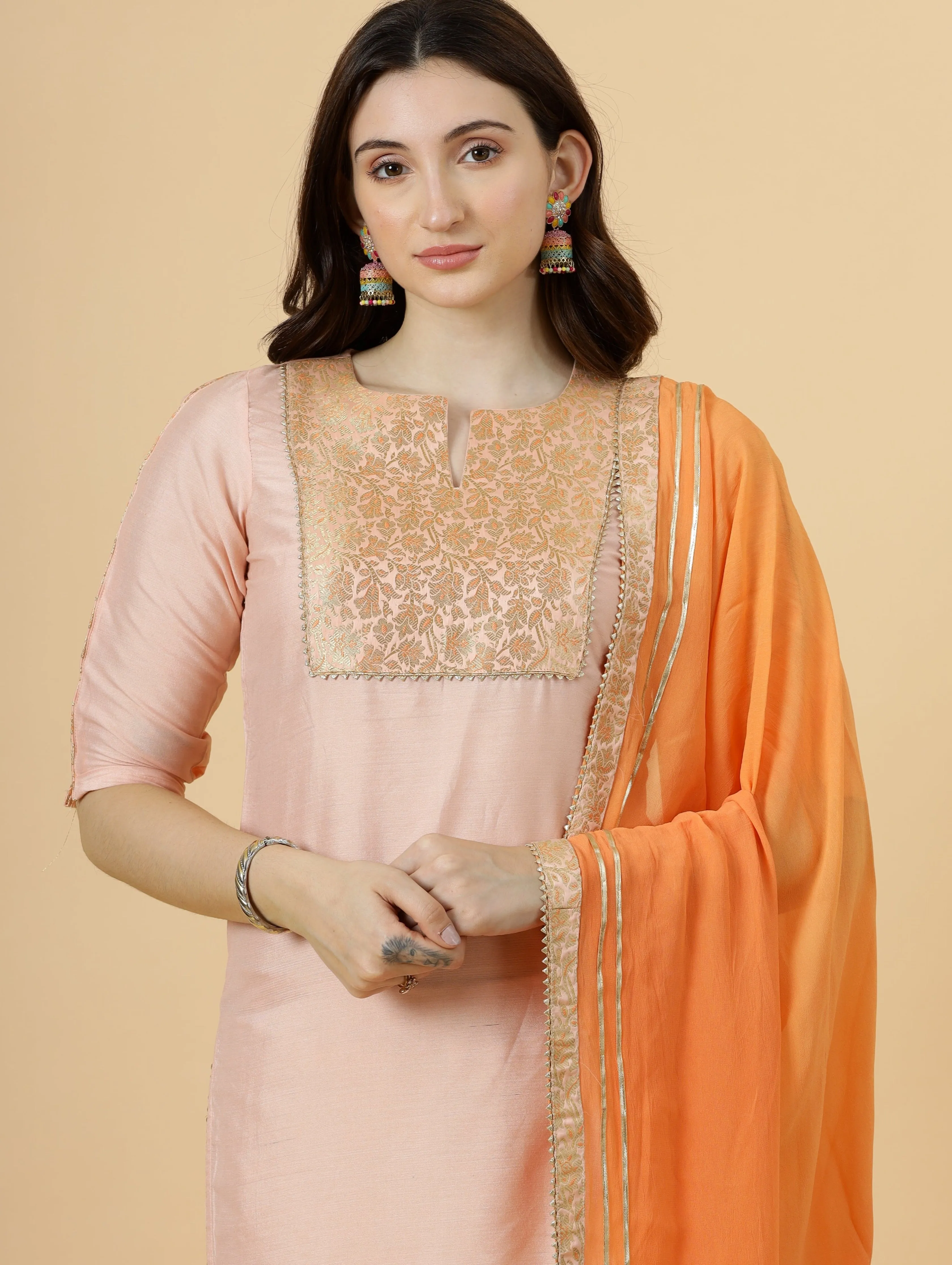 Stunning Peach Silk Straight Kurti with Brocade silk pants