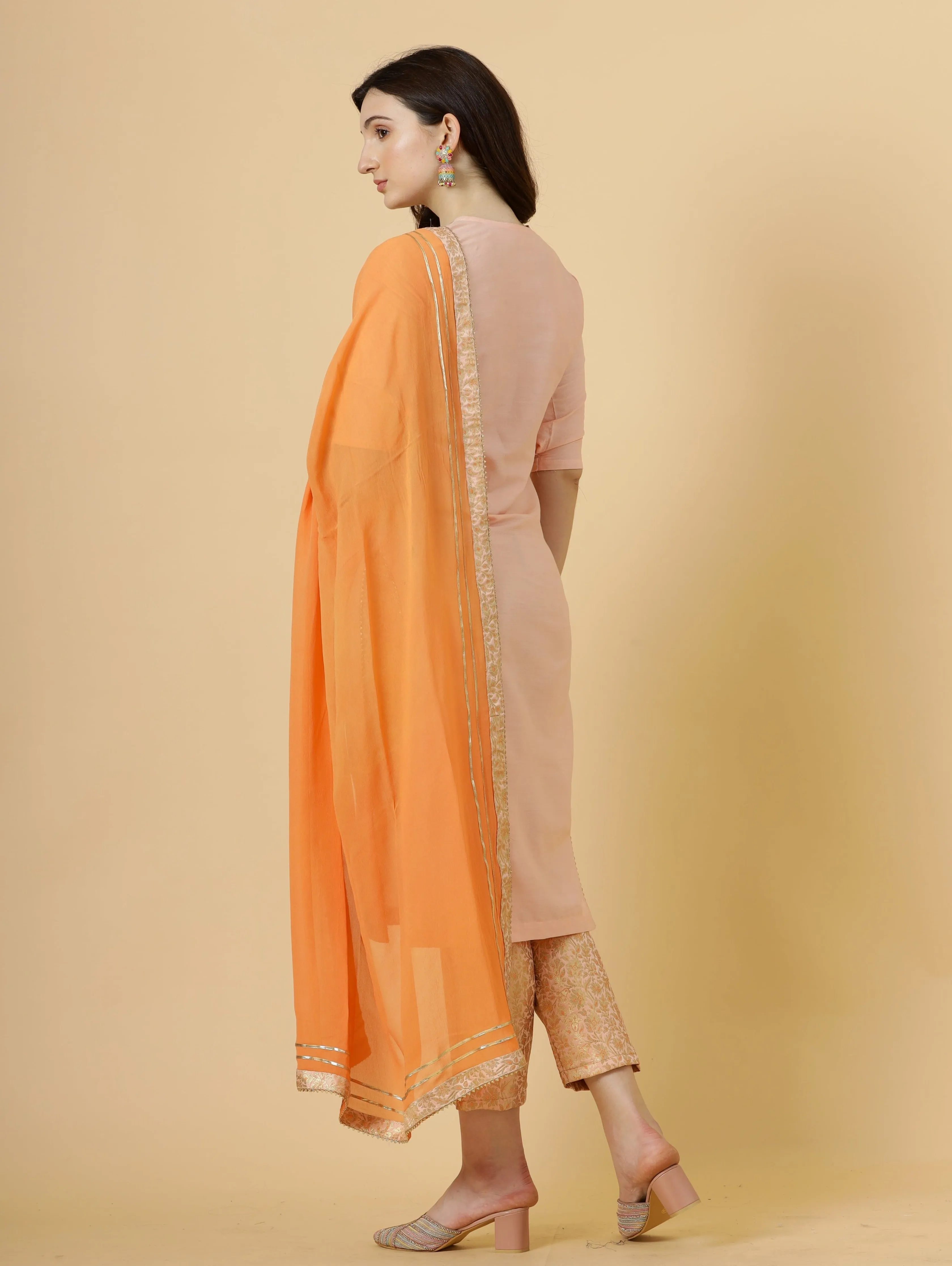 Stunning Peach Silk Straight Kurti with Brocade silk pants