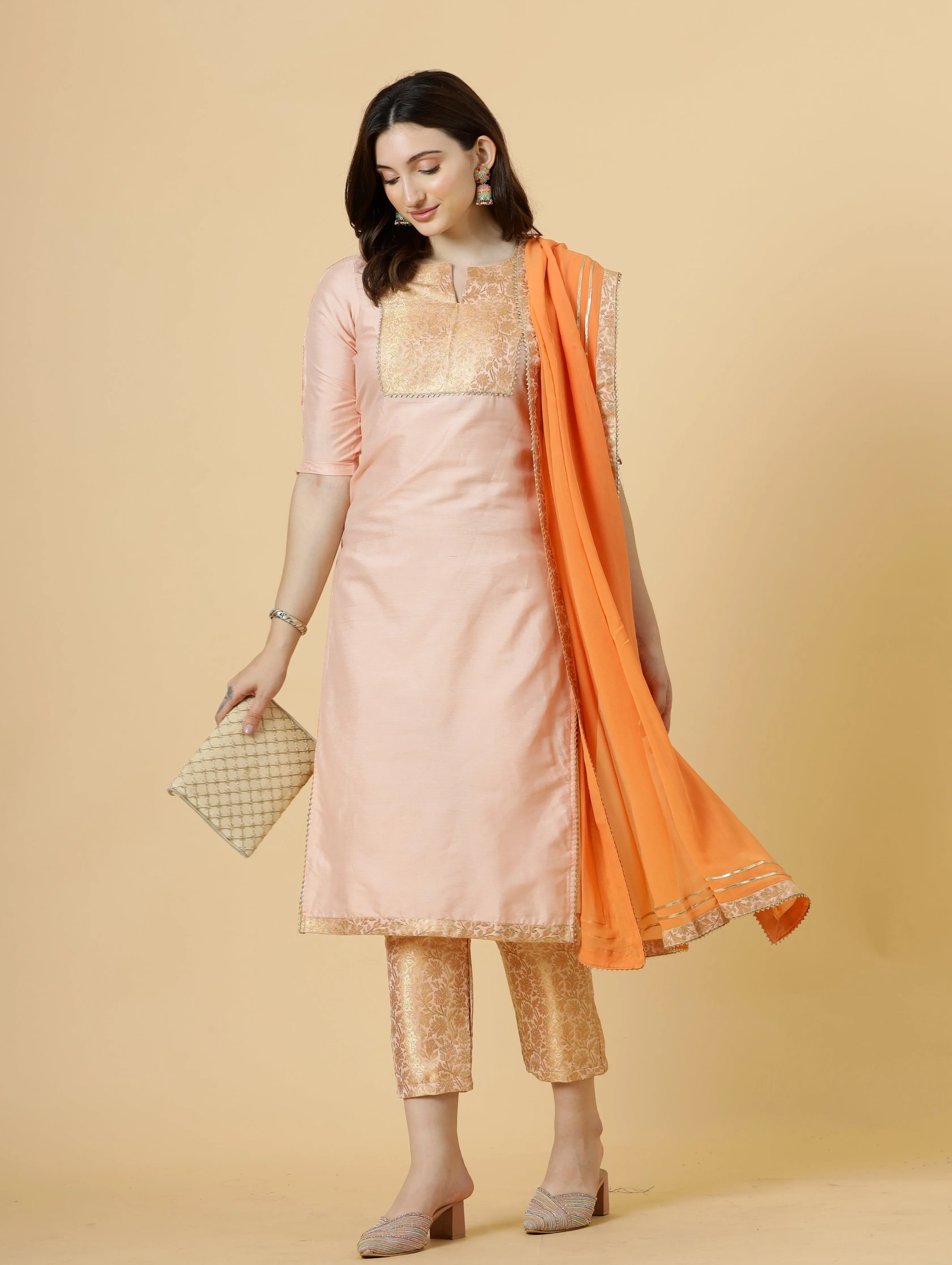 Stunning Peach Silk Straight Kurti with Brocade silk pants