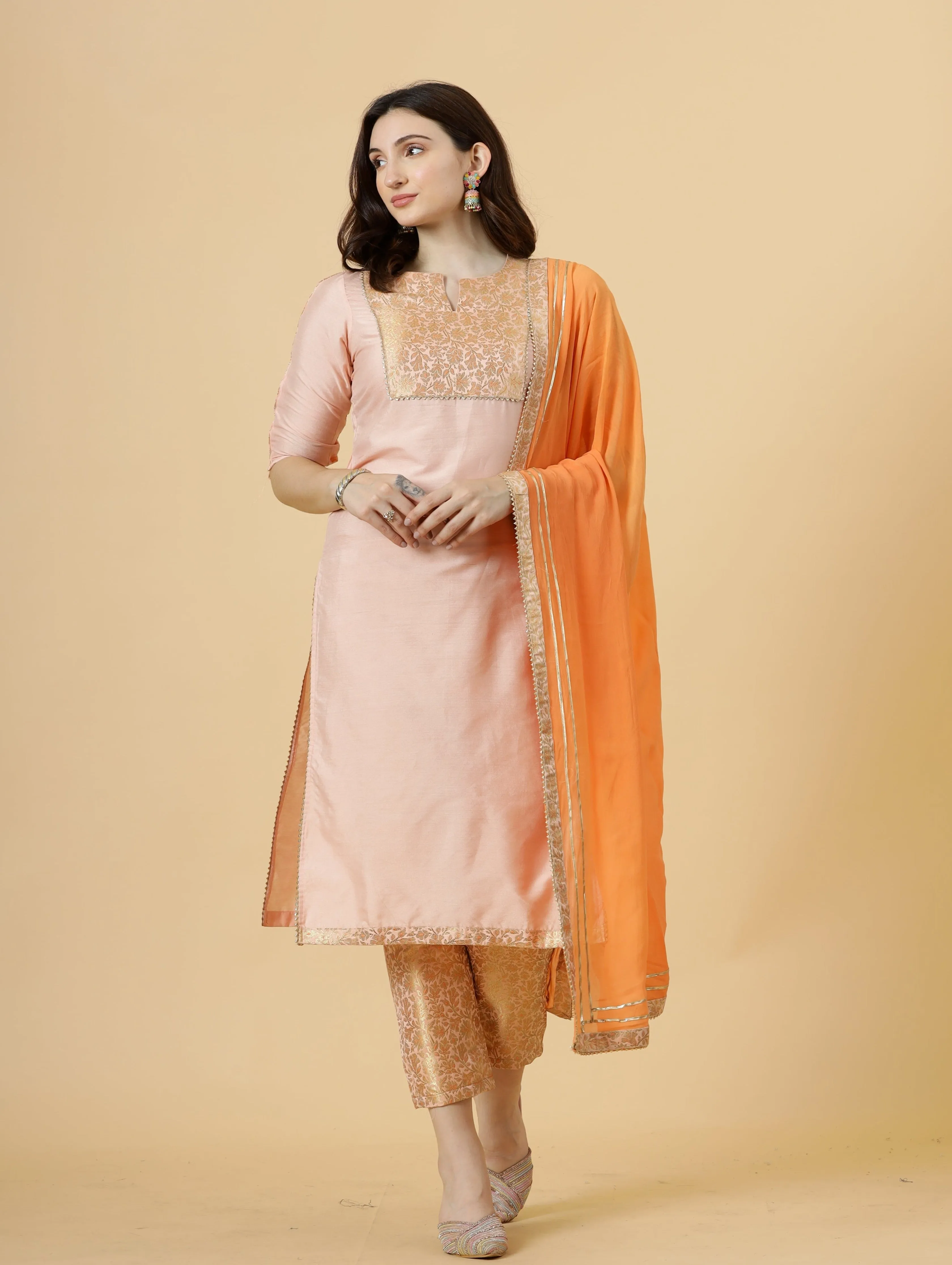 Stunning Peach Silk Straight Kurti with Brocade silk pants
