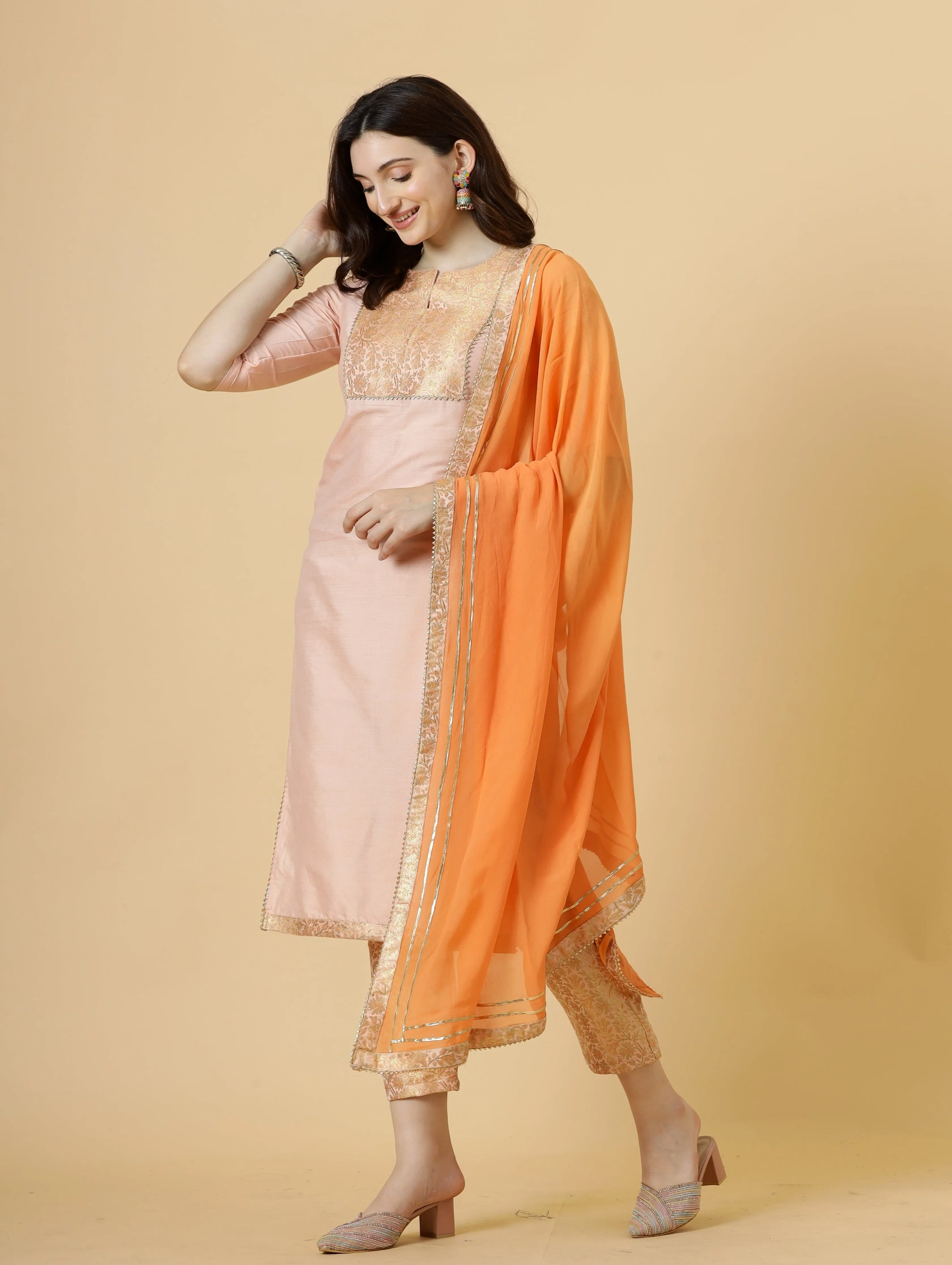 Stunning Peach Silk Straight Kurti with Brocade silk pants