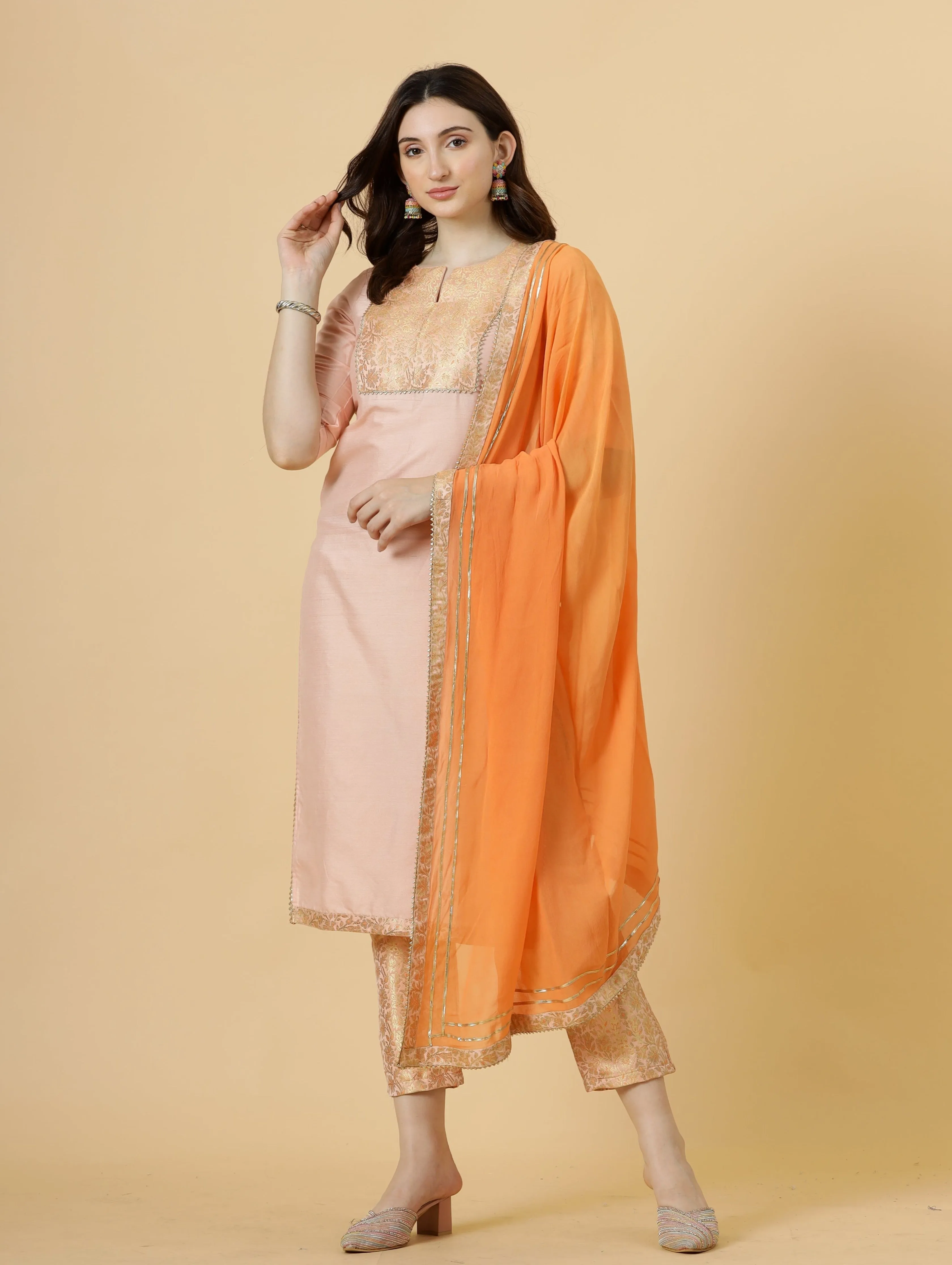 Stunning Peach Silk Straight Kurti with Brocade silk pants